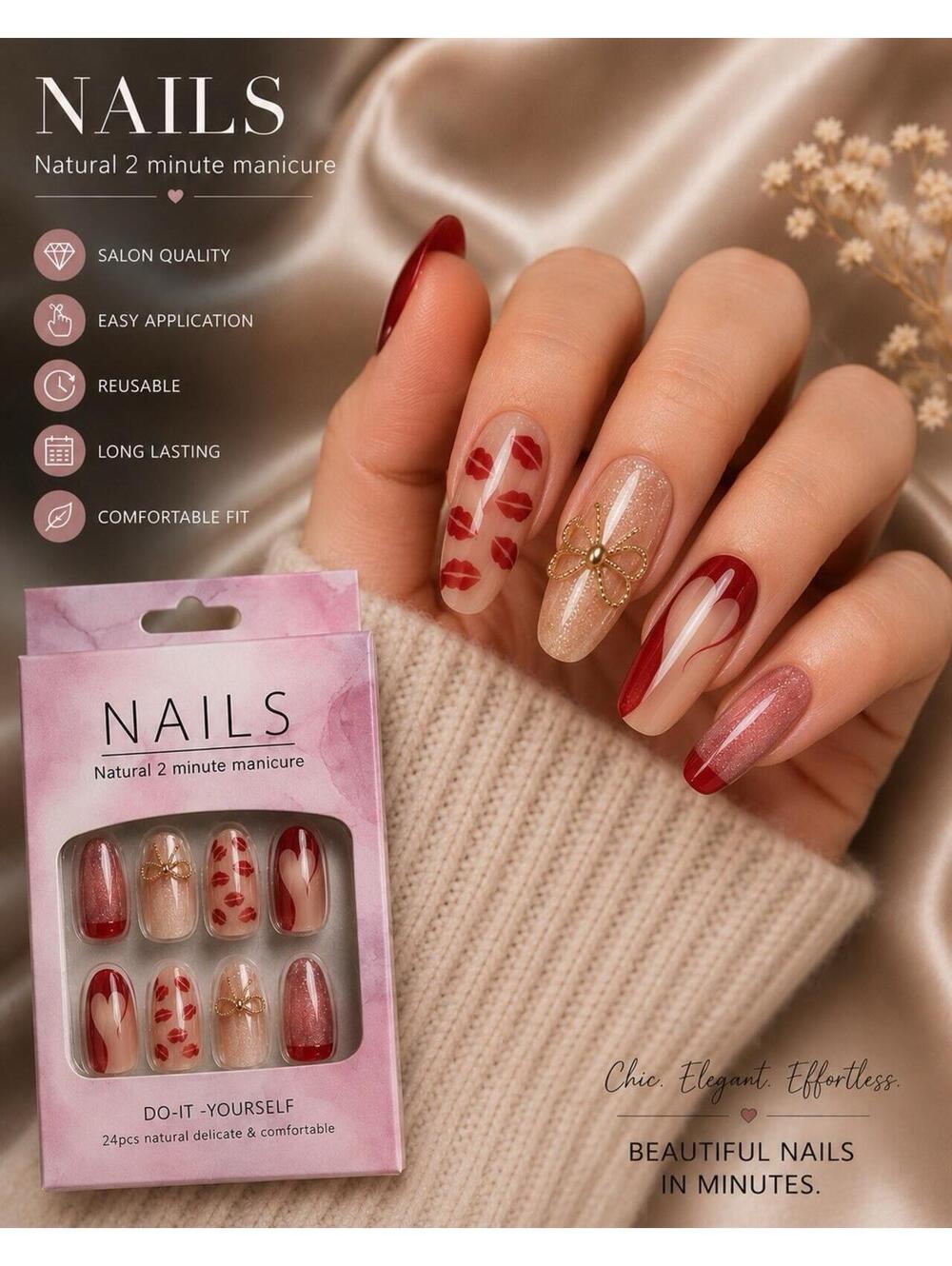Hearts Theme Almond Press-On Nails, Medium Full Cover Reusable Shiny, R/N/P/G
